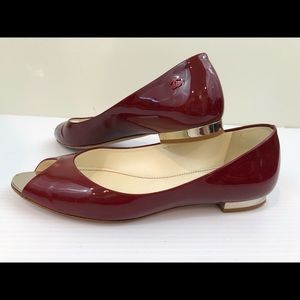 CHANEL Burgundy Patent Leather Peep Toe Flats